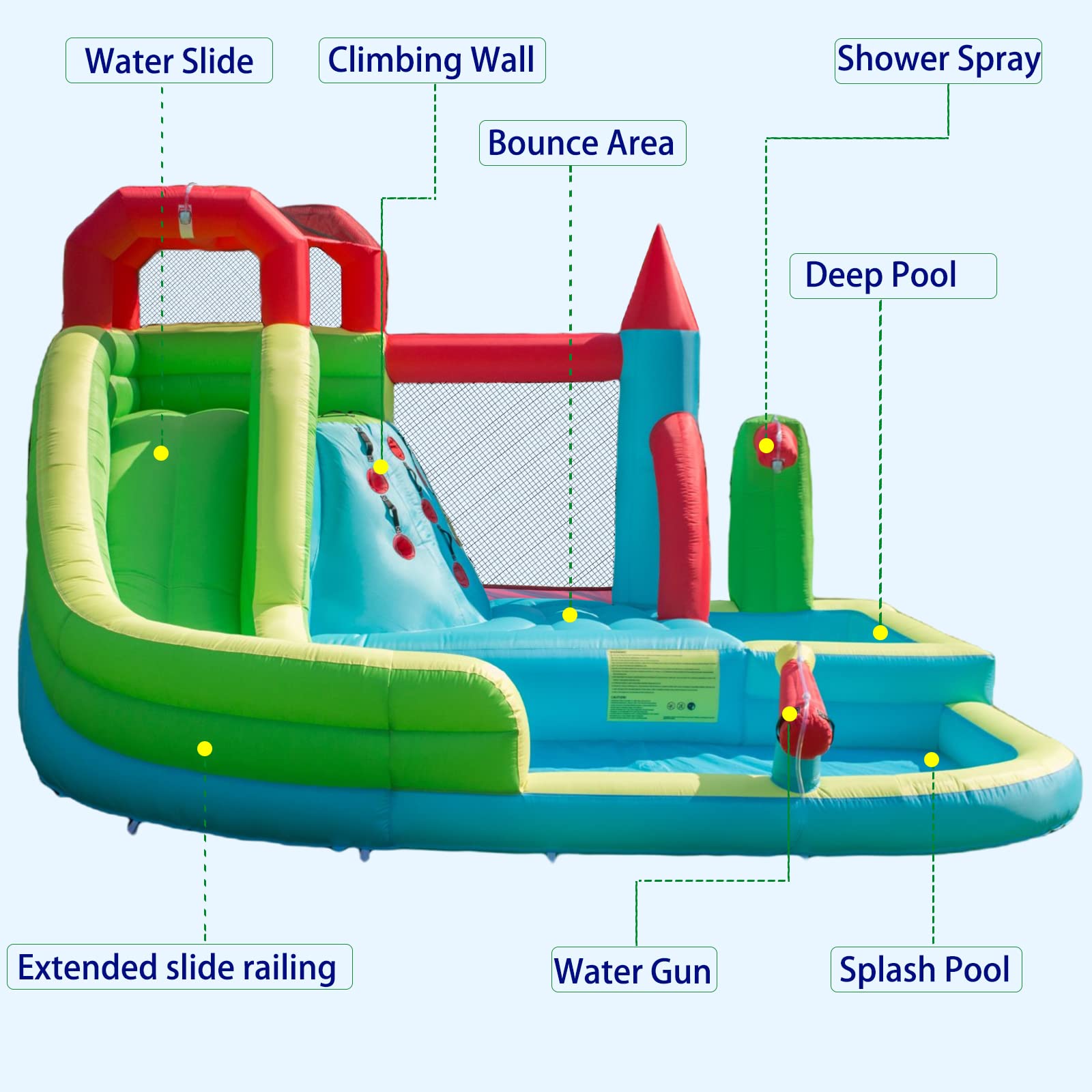 HIJOFUN Inflatable Water Slide for Kids and Adults,6-in-1 Bounce House with Waterslide Park,Air Blower,Deep Pool,Splash Pool,Water Cannon,Climbing Wall and Jumping Bouncer for Backyard Outdoor