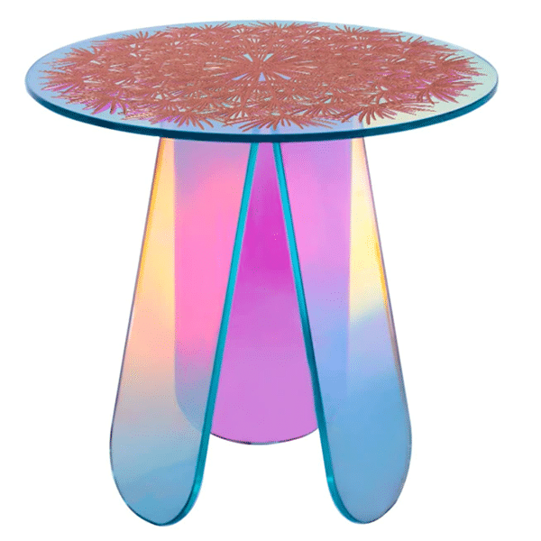 Acrylic side table, clear round glass table, iridescent table can be used as plexiglass table, bedside table, coffee table and dining table