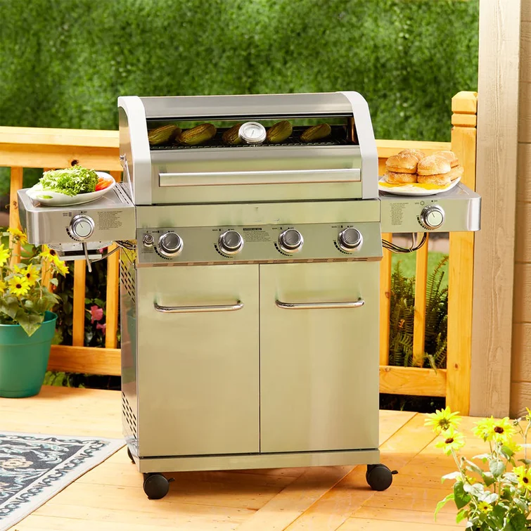 Monument Grills 4 - Burner Free Standing Liquid Propane 72000 BTU Gas Grill with Side Burner and Cabinet
