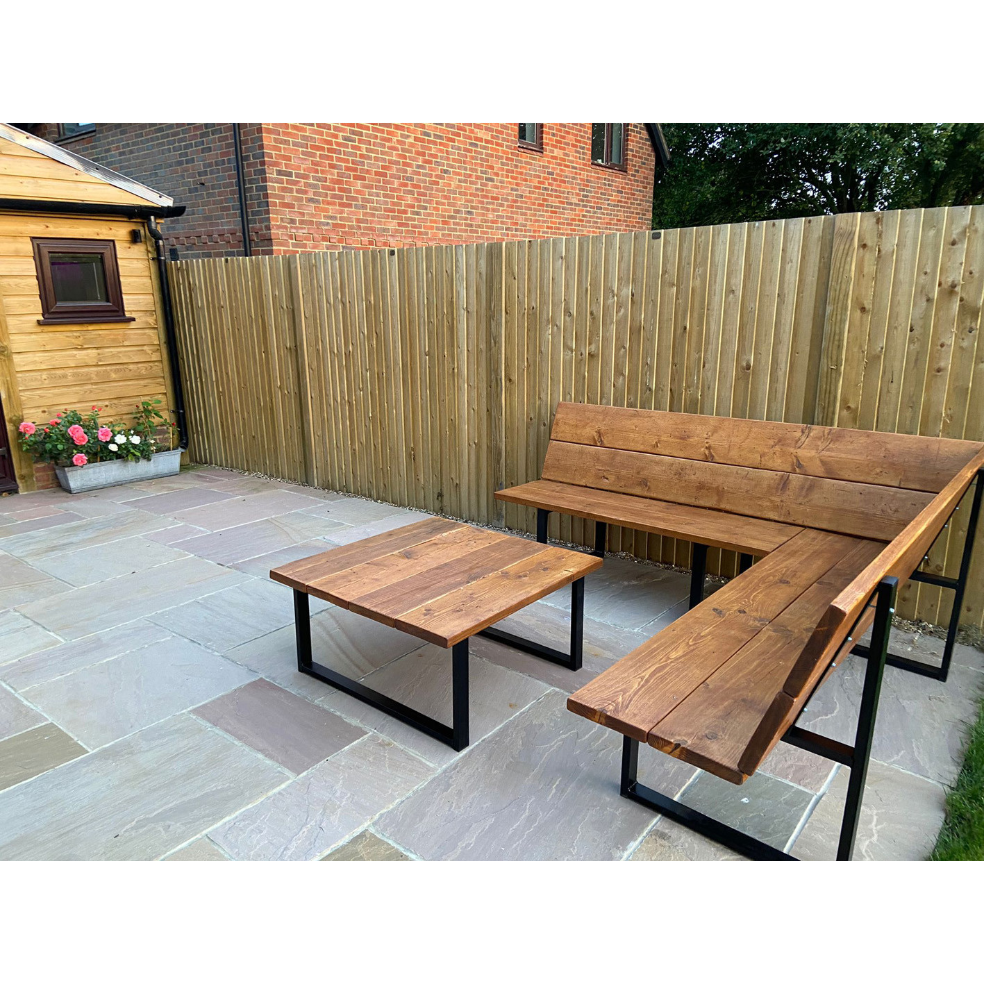 Reclaimed Scaffold Board & Steel Garden Corner Bench / Sofa - 35cm Seat Height