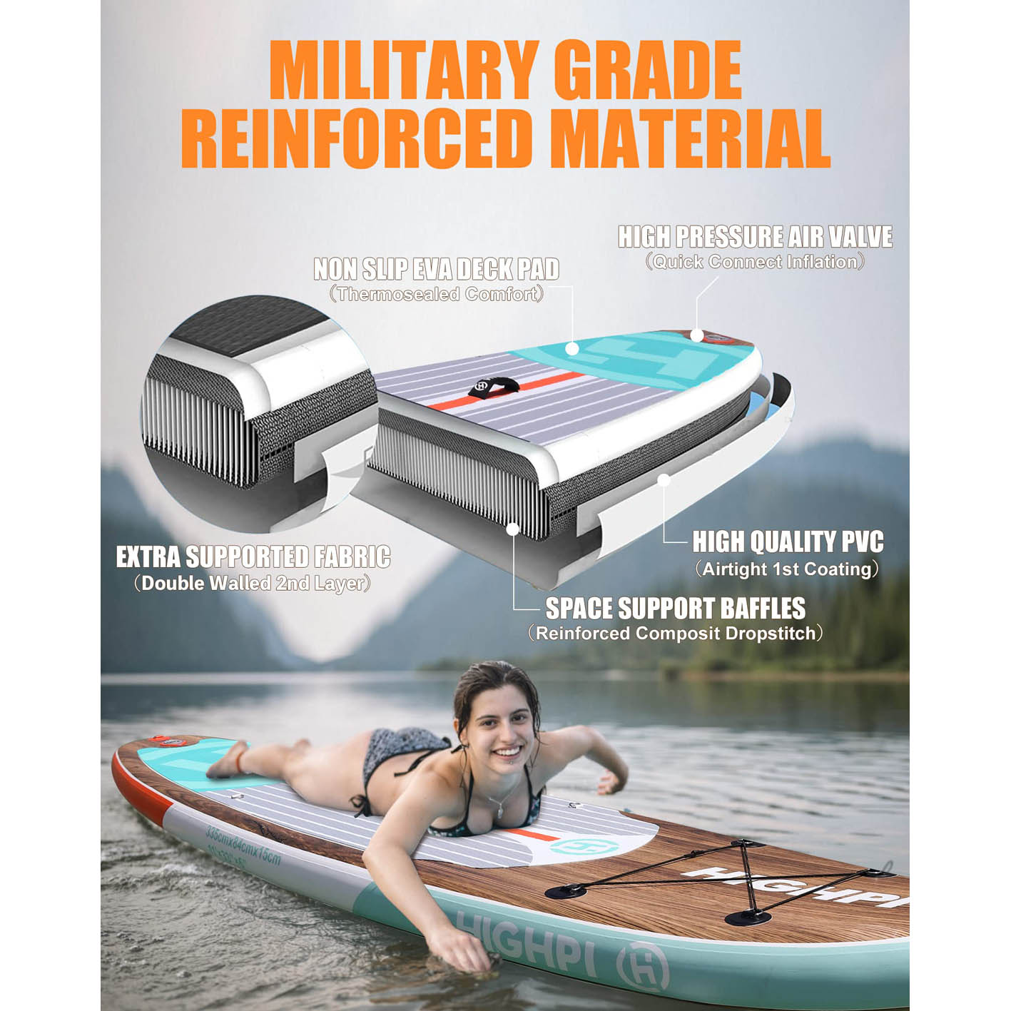 Highpi Inflatable Stand Up Paddle Board 11'x33''x6''W Premium SUP Accessories, Backpack, Wide Stance, Surf Control, Non-Slip Deck, Leash, Paddle and Pump