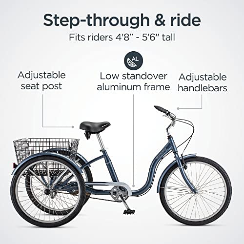 Schwinn Meridian Adult Tricycle, 24 or 26-Inch Wheel Options, Low Step-Through Aluminum Frame, Cargo Basket, Multiple Colors