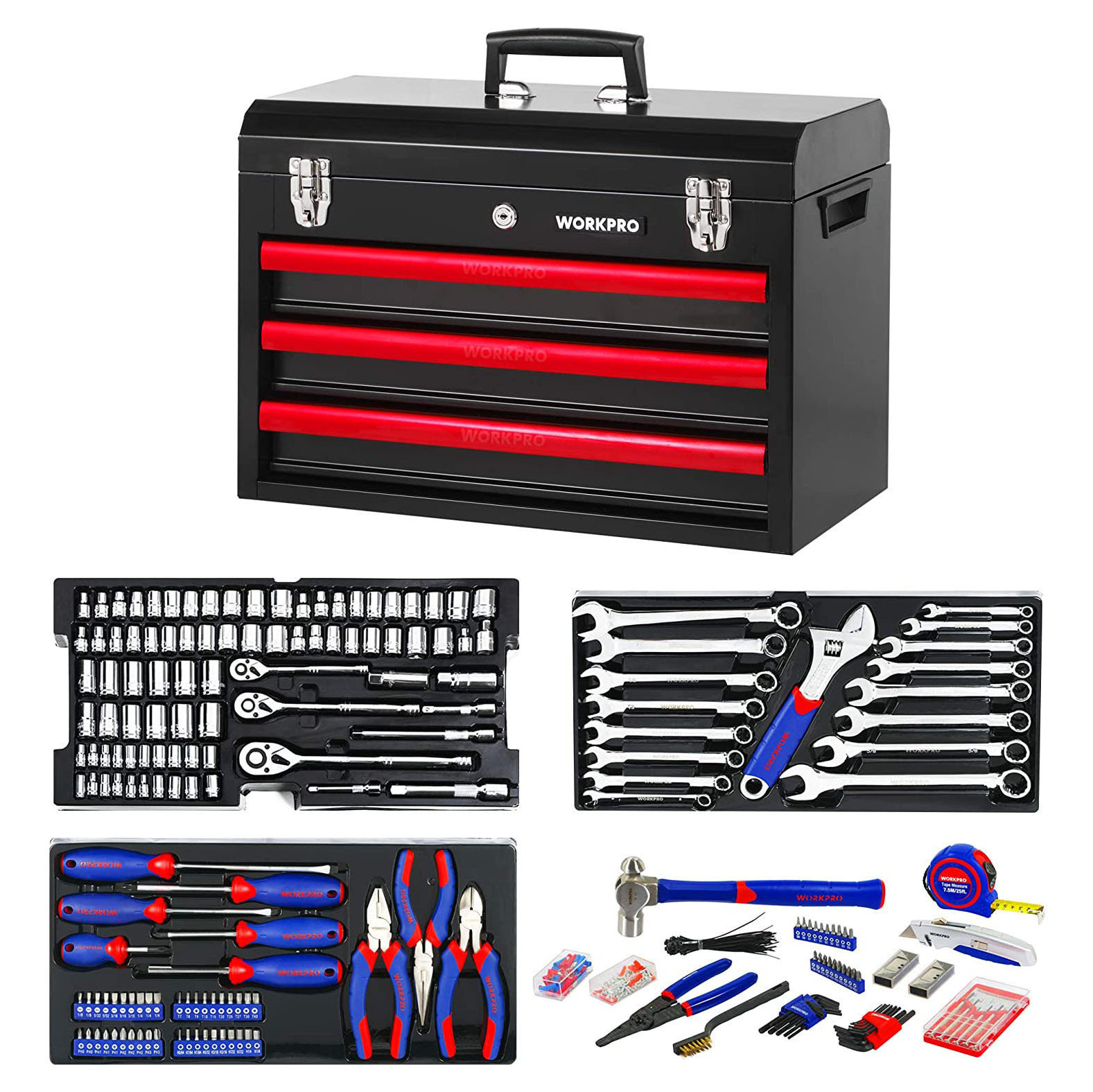 585-WORKPRO 408-Piece Mechanics Tool Set, CR-V High-Quality Home Tool Kit, 3-Drawer Heavy Duty Metal Box