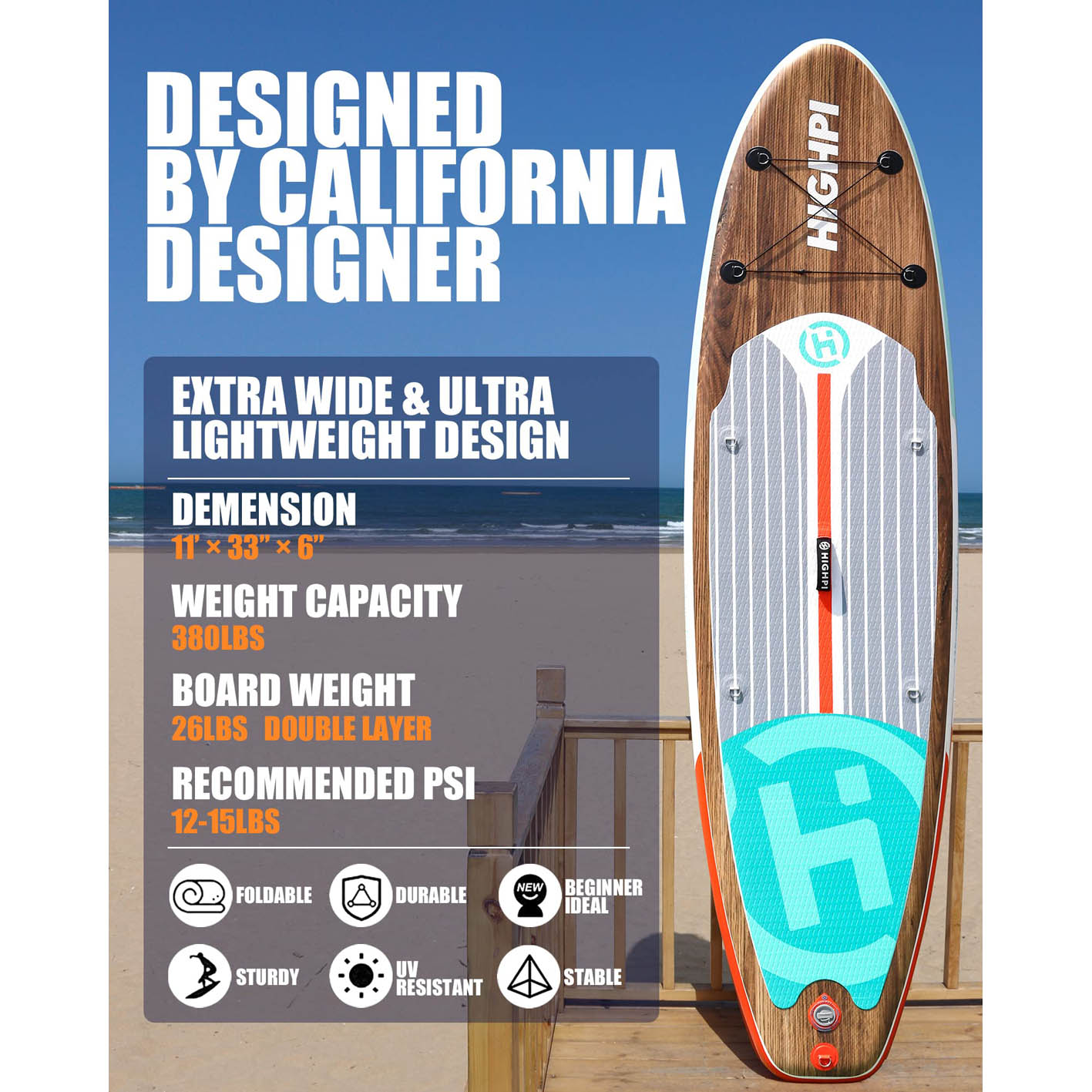 Highpi Inflatable Stand Up Paddle Board 11'x33''x6''W Premium SUP Accessories, Backpack, Wide Stance, Surf Control, Non-Slip Deck, Leash, Paddle and Pump