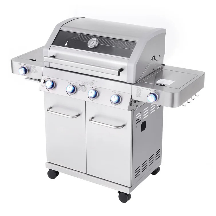 Monument Grills 4 - Burner Free Standing Liquid Propane 72000 BTU Gas Grill with Side Burner and Cabinet