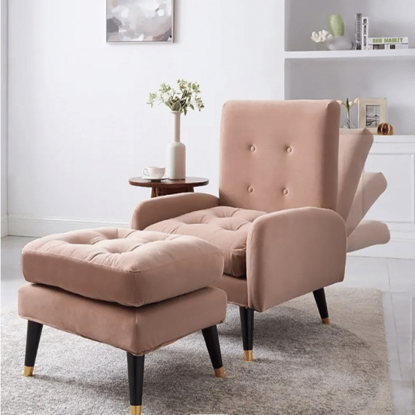 Velvet upholstered lounge chair with Ottoman and adjustable back