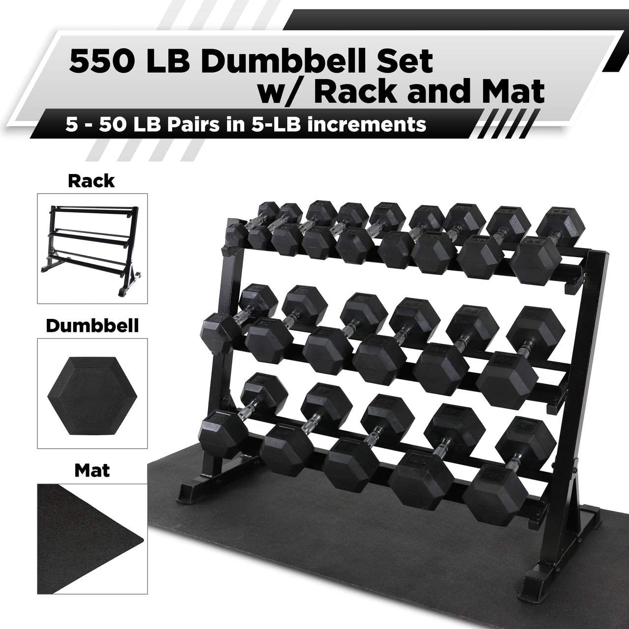 WF Athletic Supply Rubber Coated Hex Dumbbell Set with Dumbbell Rack