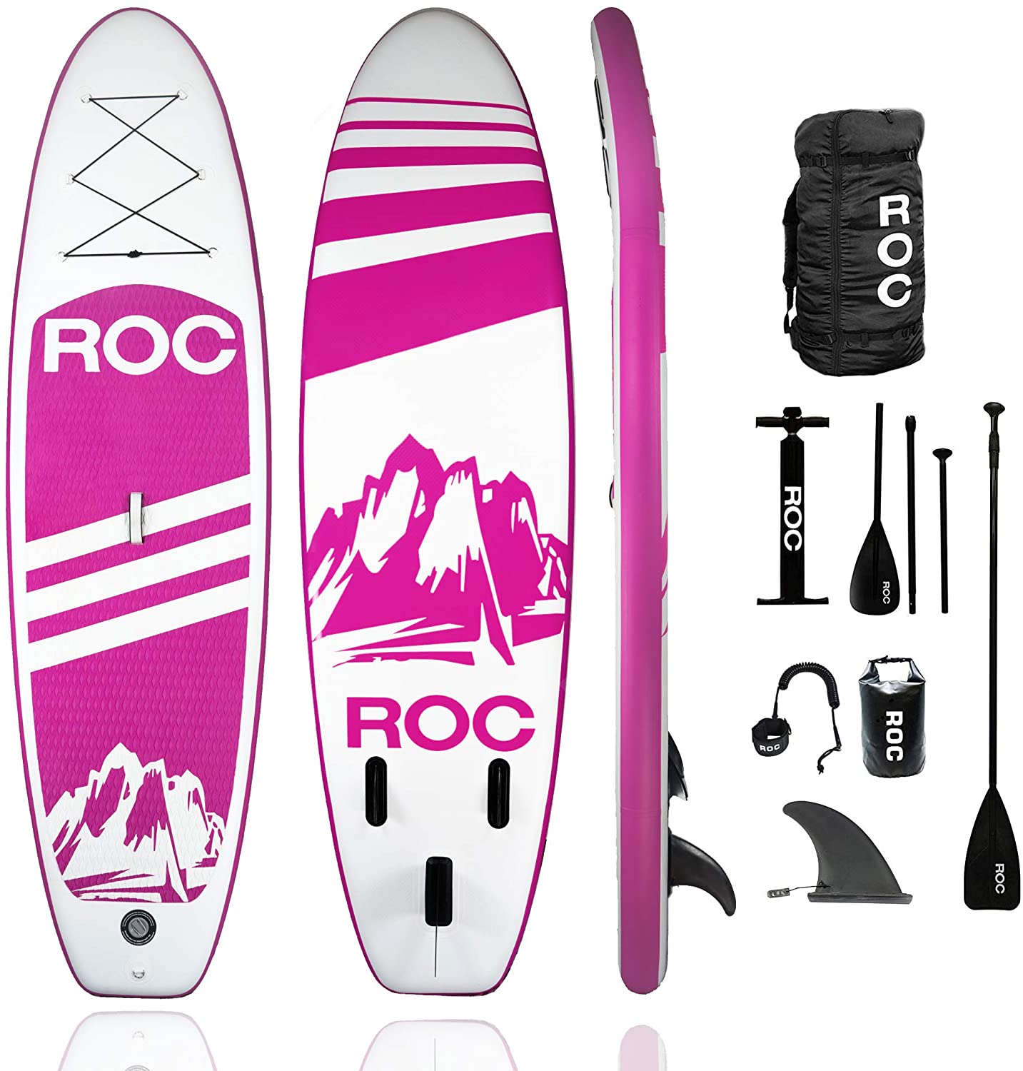 Roc Inflatable Stand Up Paddle Board comes with premium accessories and backpack, non-slip deck, waterproof bag, straps, paddle and hand pump