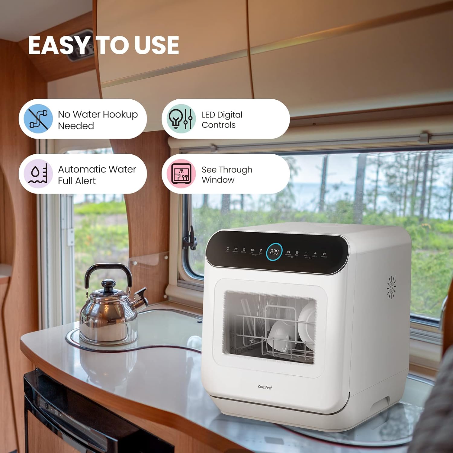 COMFEE' Mini Plus Dishwasher TD305-W Compact Table Top Dishwasher with 3 Place Settings, 7 Programmes, Touch Control, LED Display, Delay Start and Off-peak Wash Function - White [Energy Class F]