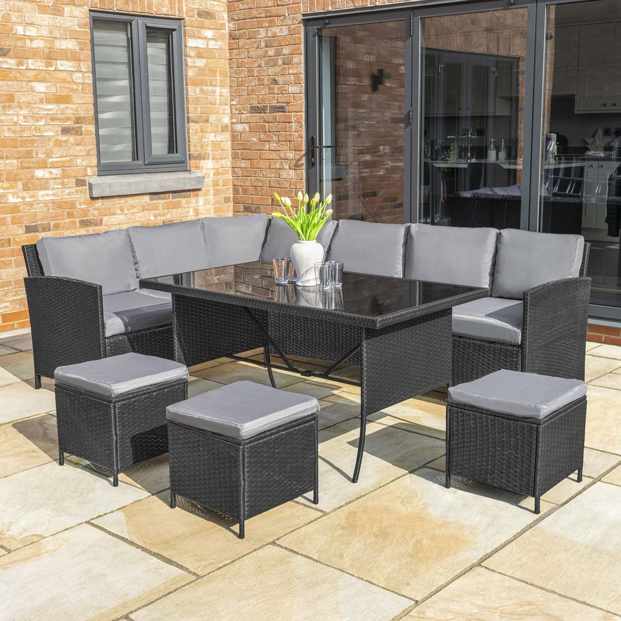 Harrier Rattan Corner Dining Table - 2x Colours: Grey or Black & Grey | 9 Seater Outdoor Corner Sofa - Premium Rattan Garden Furniture Set | Outdoor Sofa + Table (With Cover, Grey)