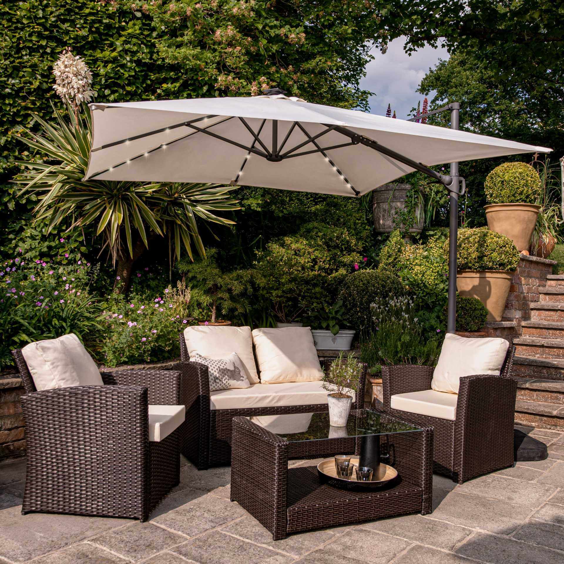Cote Garden Sofa Set - LED Cantilever Parasol - 4 Seater - Black Rattan
