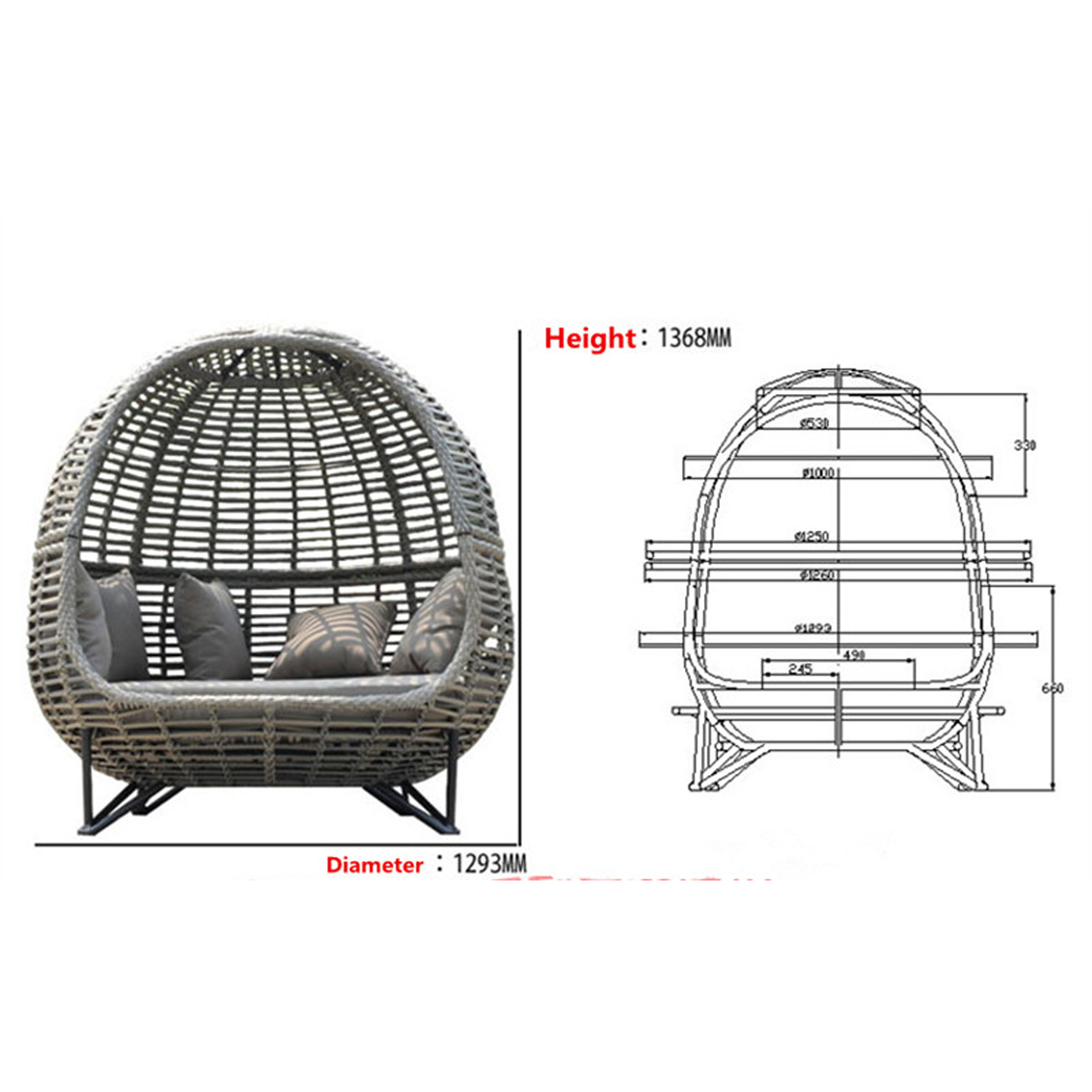 Metal frame with Wicker Patio Sunbed,outdoor Daybed for poolside,garden ,grey color ,can customized