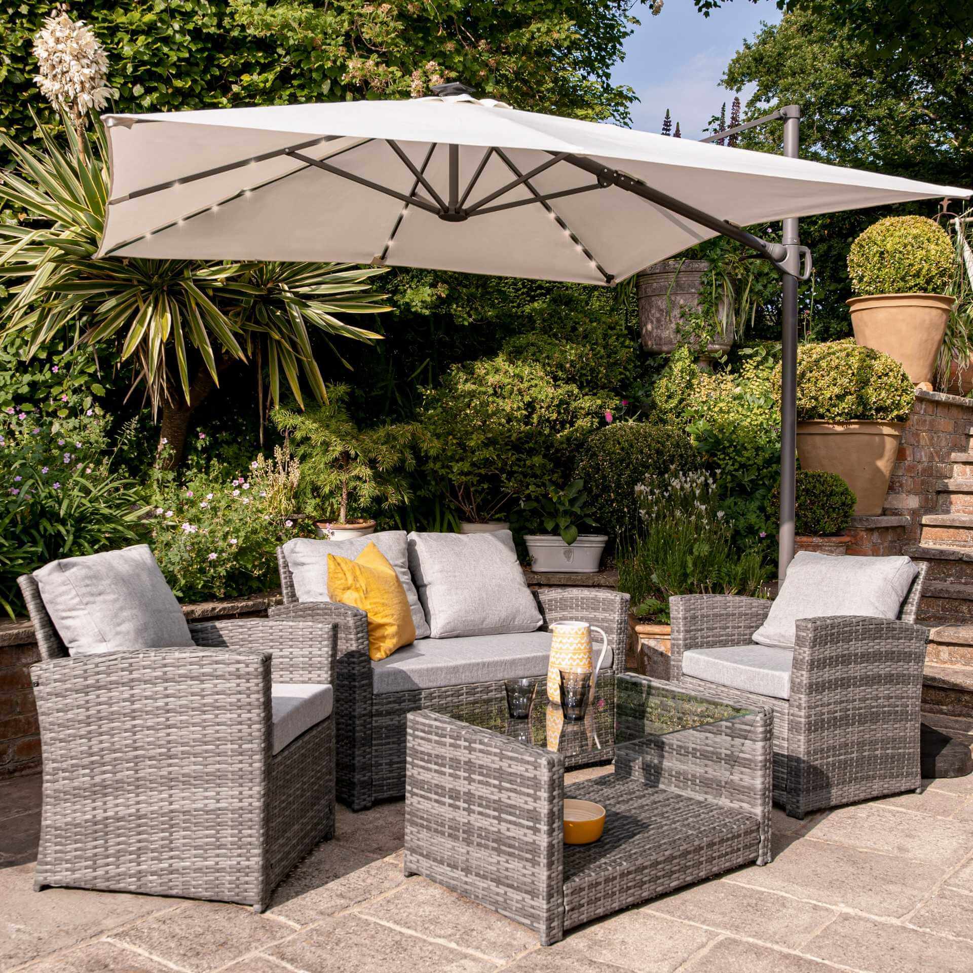 Cote Garden Sofa Set - LED Cantilever Parasol - 4 Seater - Black Rattan
