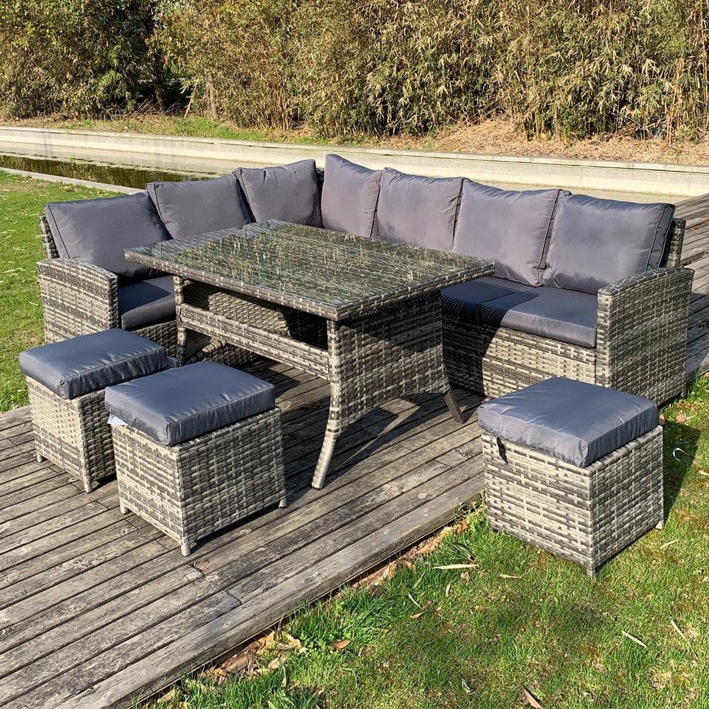ROSEN 9 Seat Rattan Outdoor Dining Table with Cushions - Grey