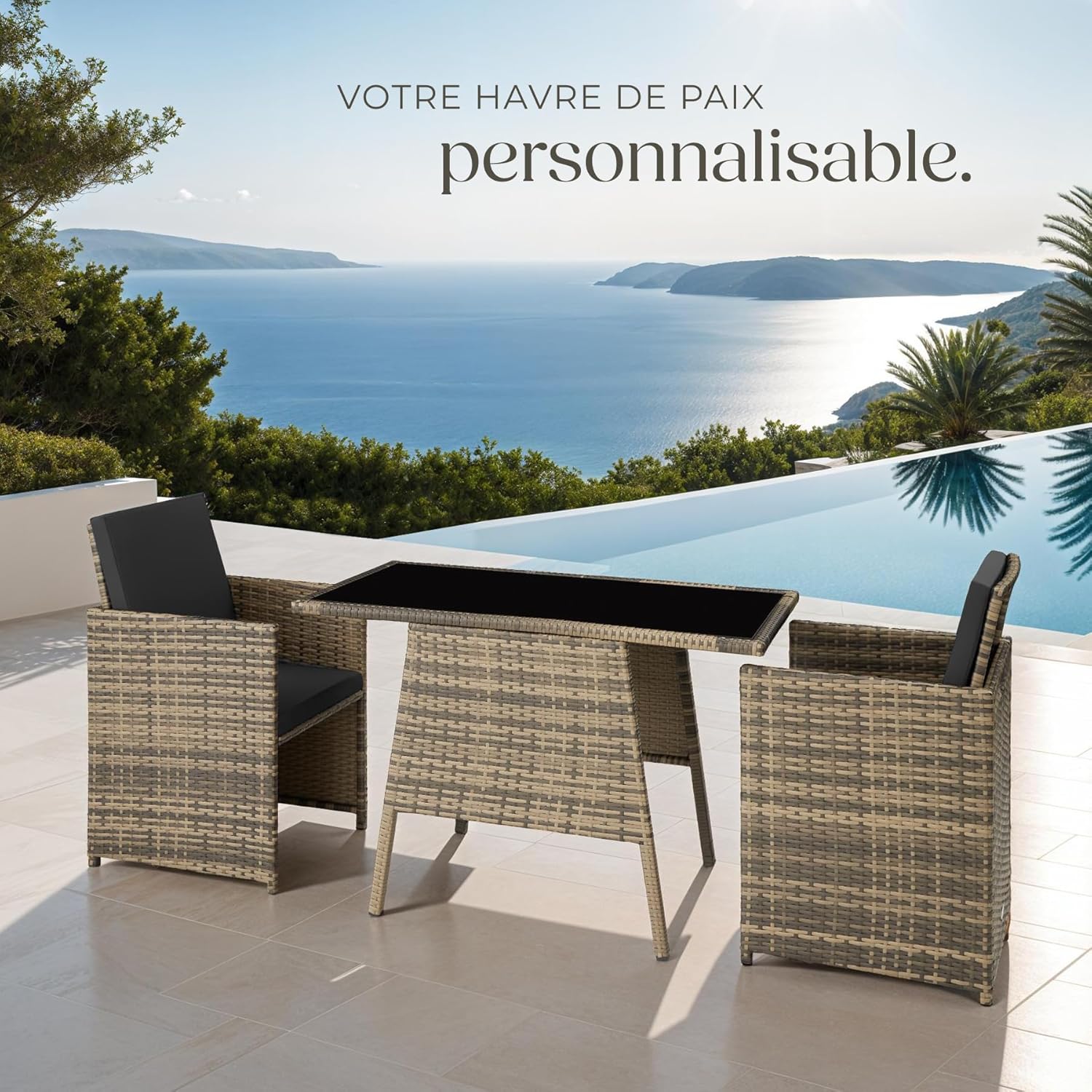 TecTake® 2 Person Poly Rattan Built-In Garden Lounge Set with Garden Table and Armchair, Cushions Included, Garden Furniture for Balcony and Terrace