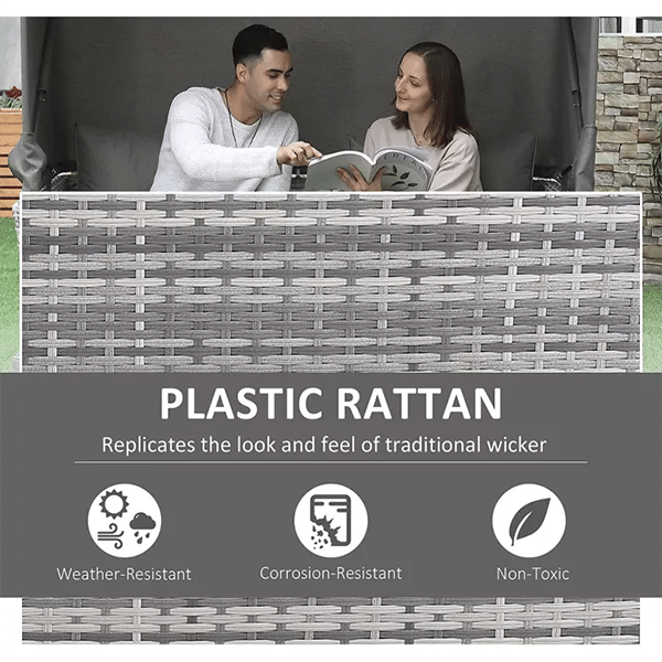 3 Piece Outdoor PE Rattan Patio Furniture Set Sofa Bed 2 Seat Sofa Ottoman Tempered Glass Coffee Table Conversation Set with Retractable Canopy, Olefin Cushion