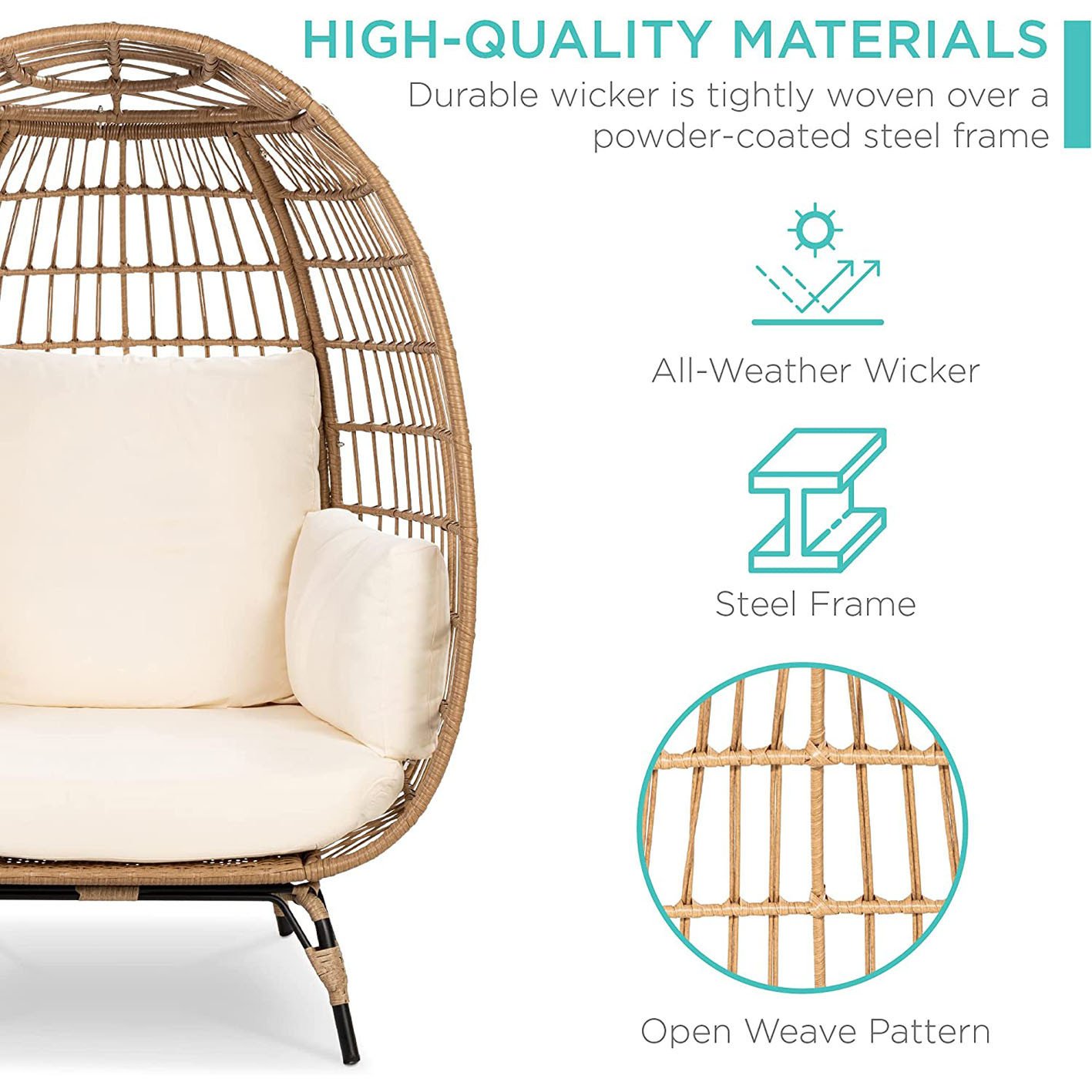 Best Choice Products Wicker Egg Chair, Oversized Indoor Outdoor Lounger for Patio, Backyard, Living Room w/ 4 Cushions, Steel Frame, 440lb Capacity