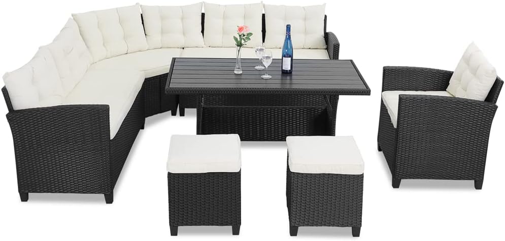 CASARIA® Premium Poly Rattan Garden Furniture | WPC Dining Table & Chairs Set | Outdoor Patio Conservatory Corner Sofa | Wicker Lounge Bench Seating | 9 Seater | Black With Cream Cushions