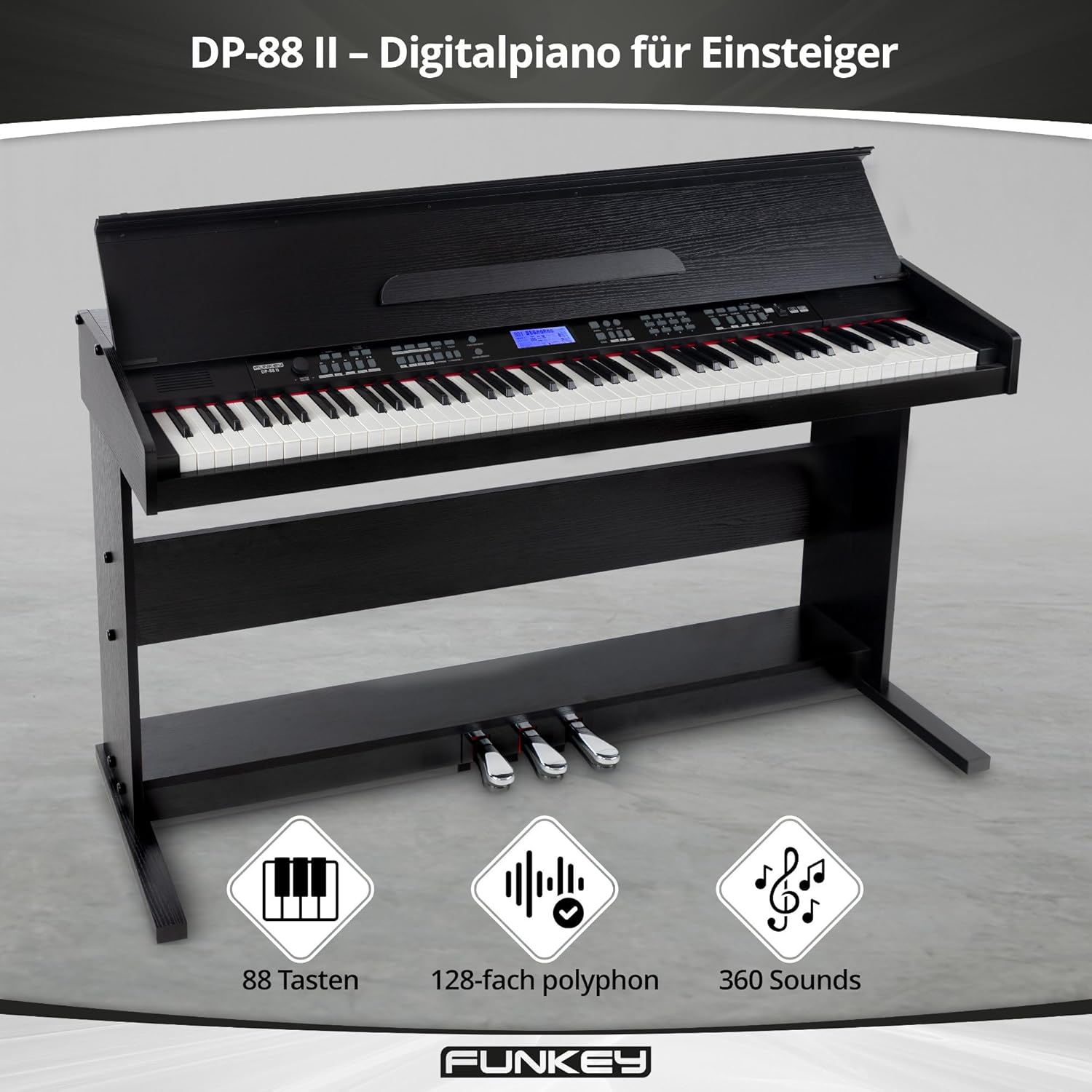 FunKey DP-88 II Digital Piano 88 Stroke Keyboard Keys 128 x Polyphonic 360 Sounds 160 Styles MP3 Player Learning Function Record & Playback 3 Pedals Black