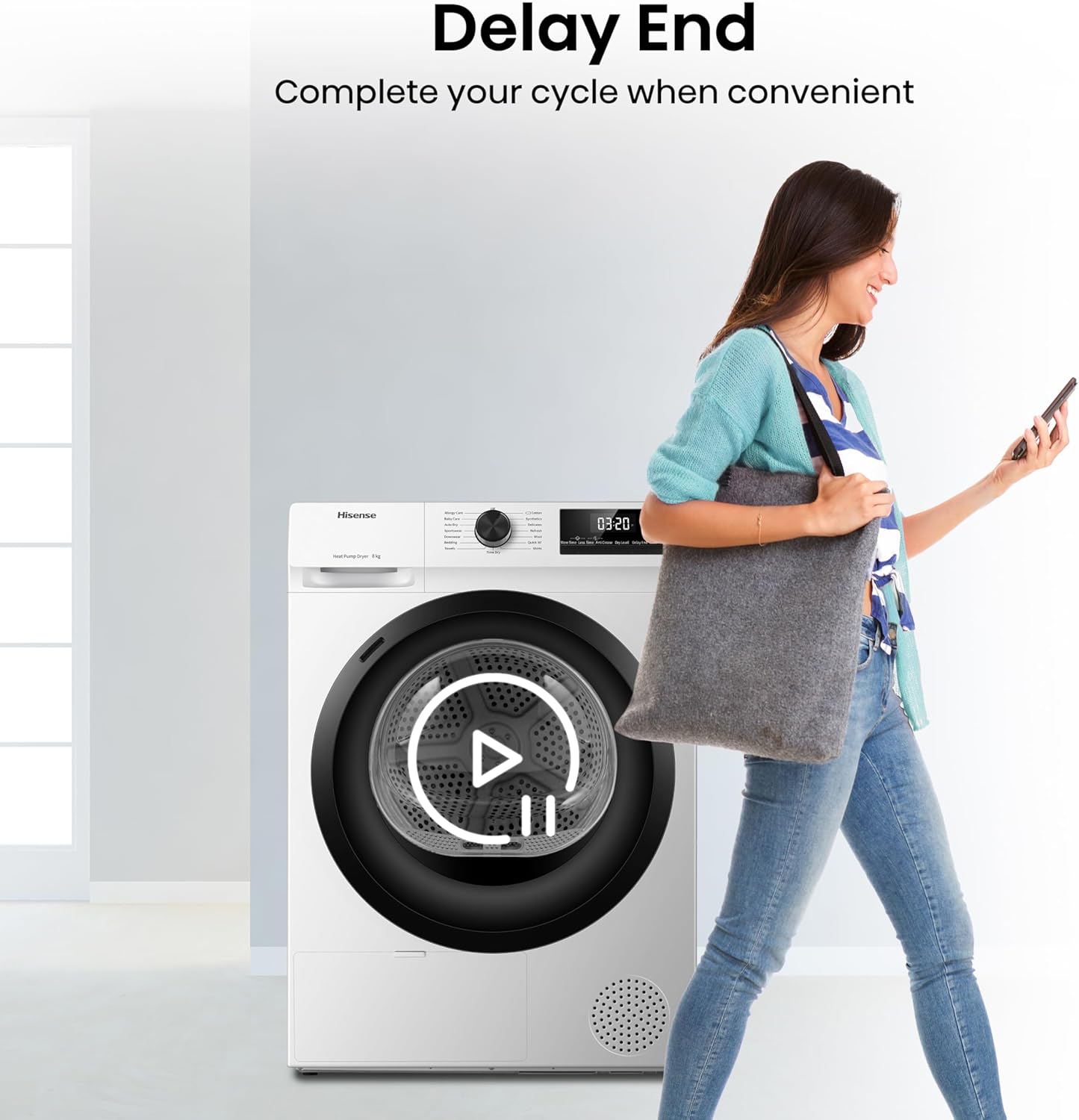 Hisense DH1Q802BW2 60cm Freestanding 8 KG Heatpump Front Load Tumble Dryer, 16 Programmes, Auto Dry, Steam Refresh, Allergy Care - White [Energy Class A]