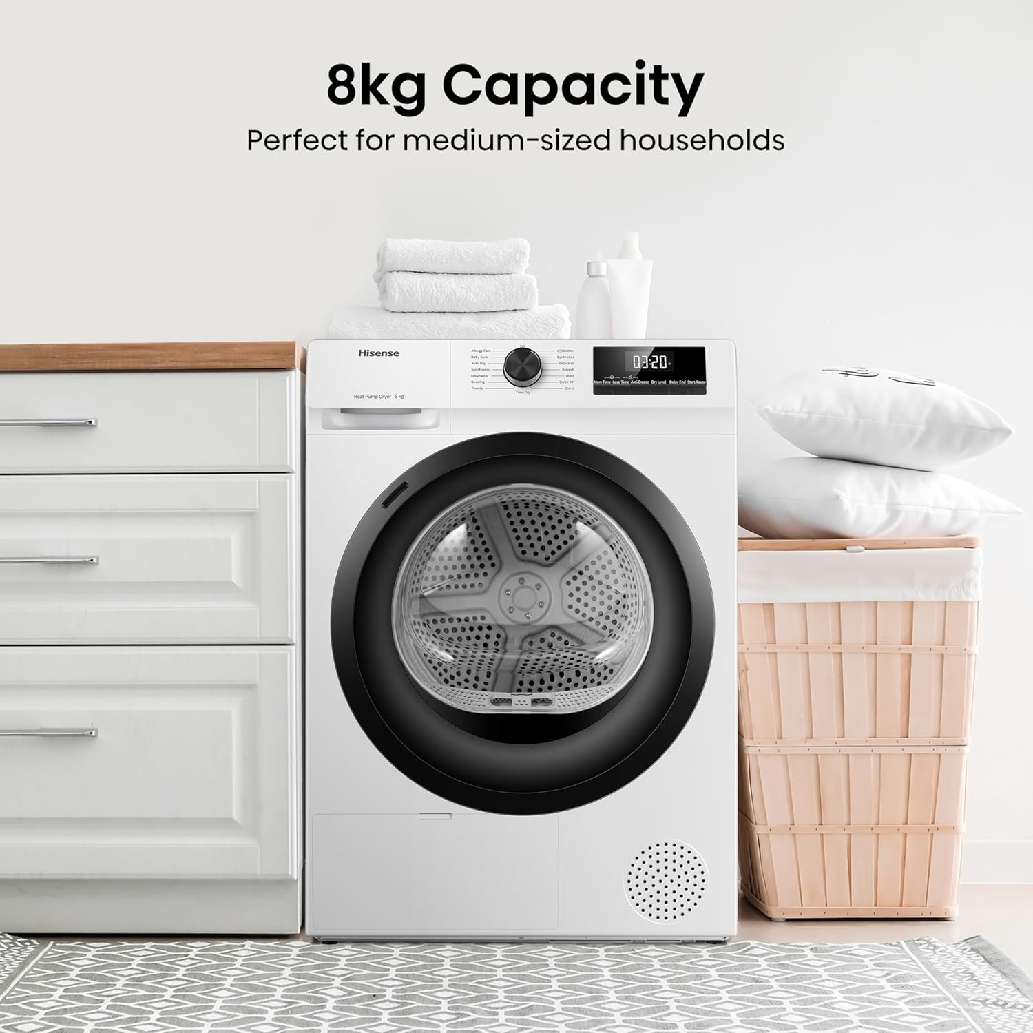 Hisense DH1Q802BW2 60cm Freestanding 8 KG Heatpump Front Load Tumble Dryer, 16 Programmes, Auto Dry, Steam Refresh, Allergy Care - White [Energy Class A]