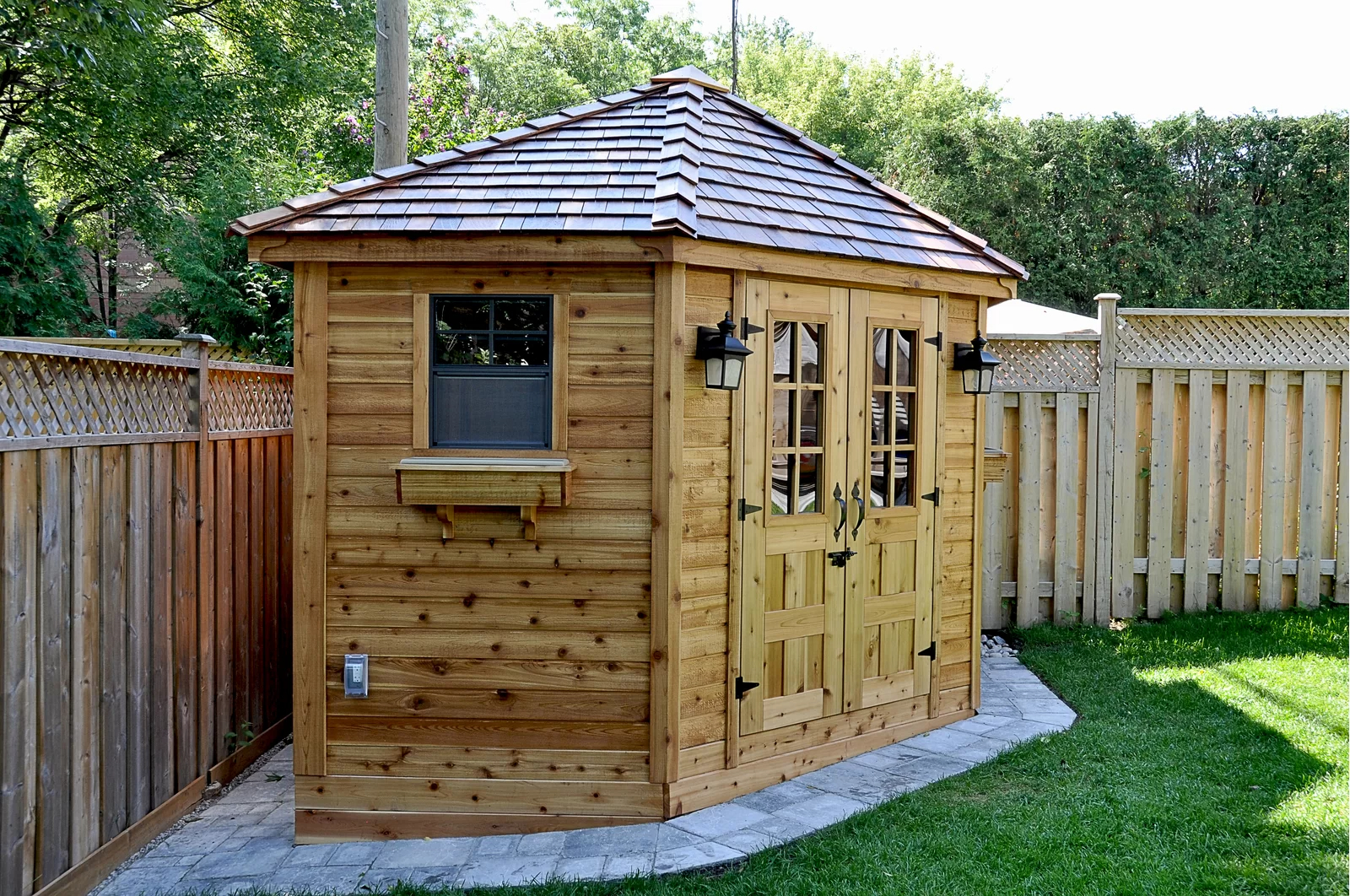 【Storage Shed】9 ft. W x 9ft. D Penthouse Cedar Wood Garden Shed with French Doors