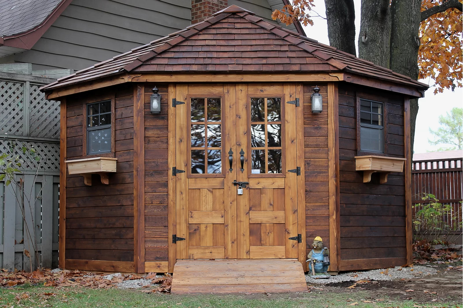 【Storage Shed】9 ft. W x 9ft. D Penthouse Cedar Wood Garden Shed with French Doors