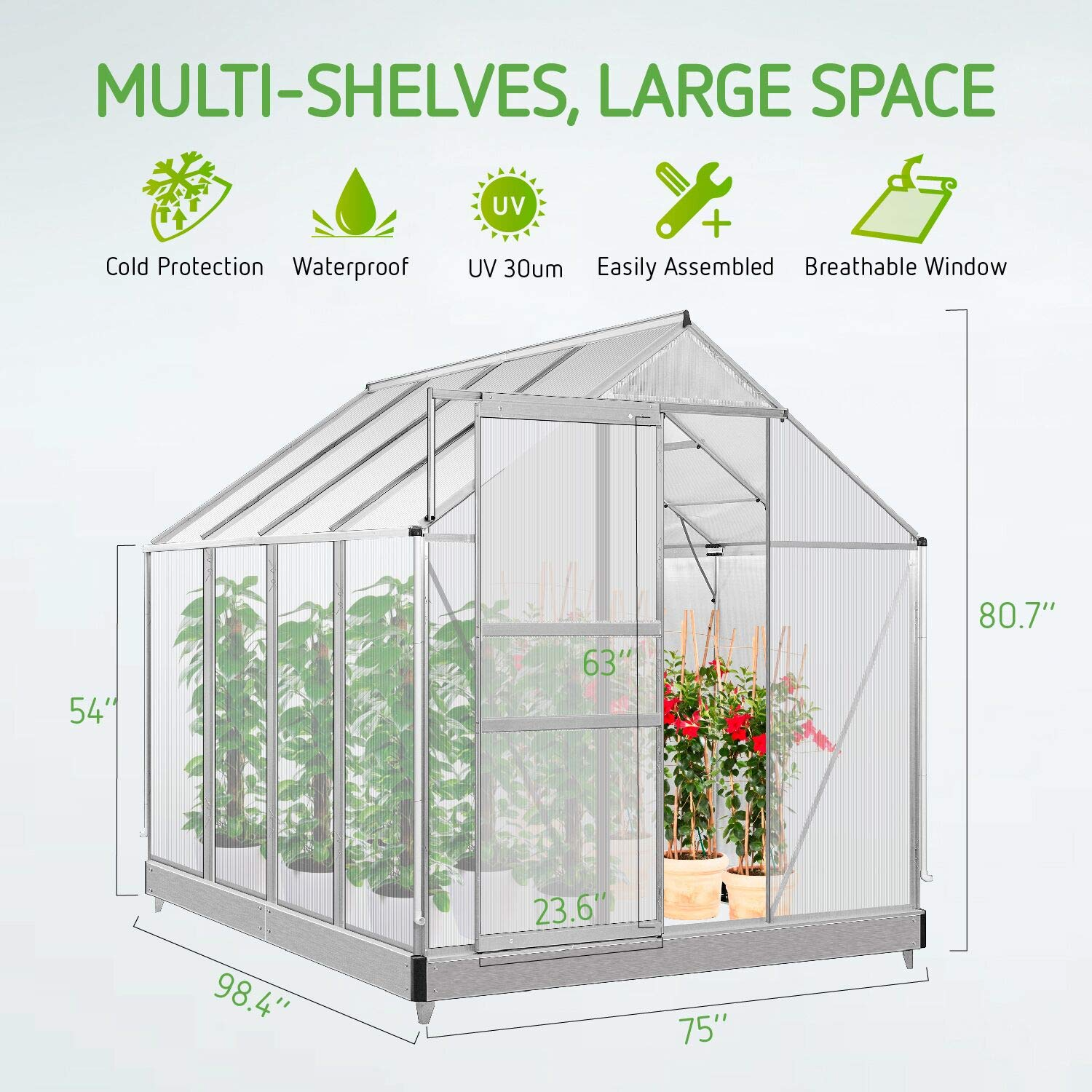 【Home&Garden】【BS】Aluminum Green House with Sliding Door and 2 Ventilation Window, 8.2x6.2x6.7 ft