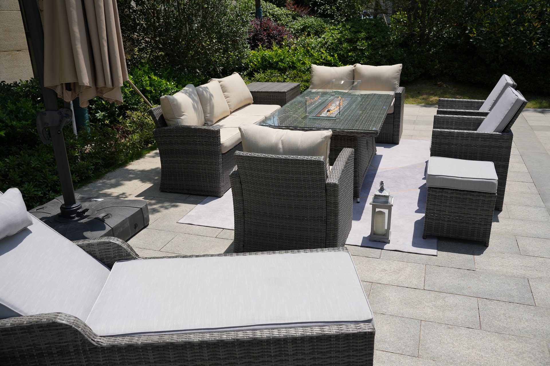 Wicker Patio Gray Wicker Conversational Seating Set with Rectangular Glass Fire Pit Table and Back Chair (Patio Set Option)