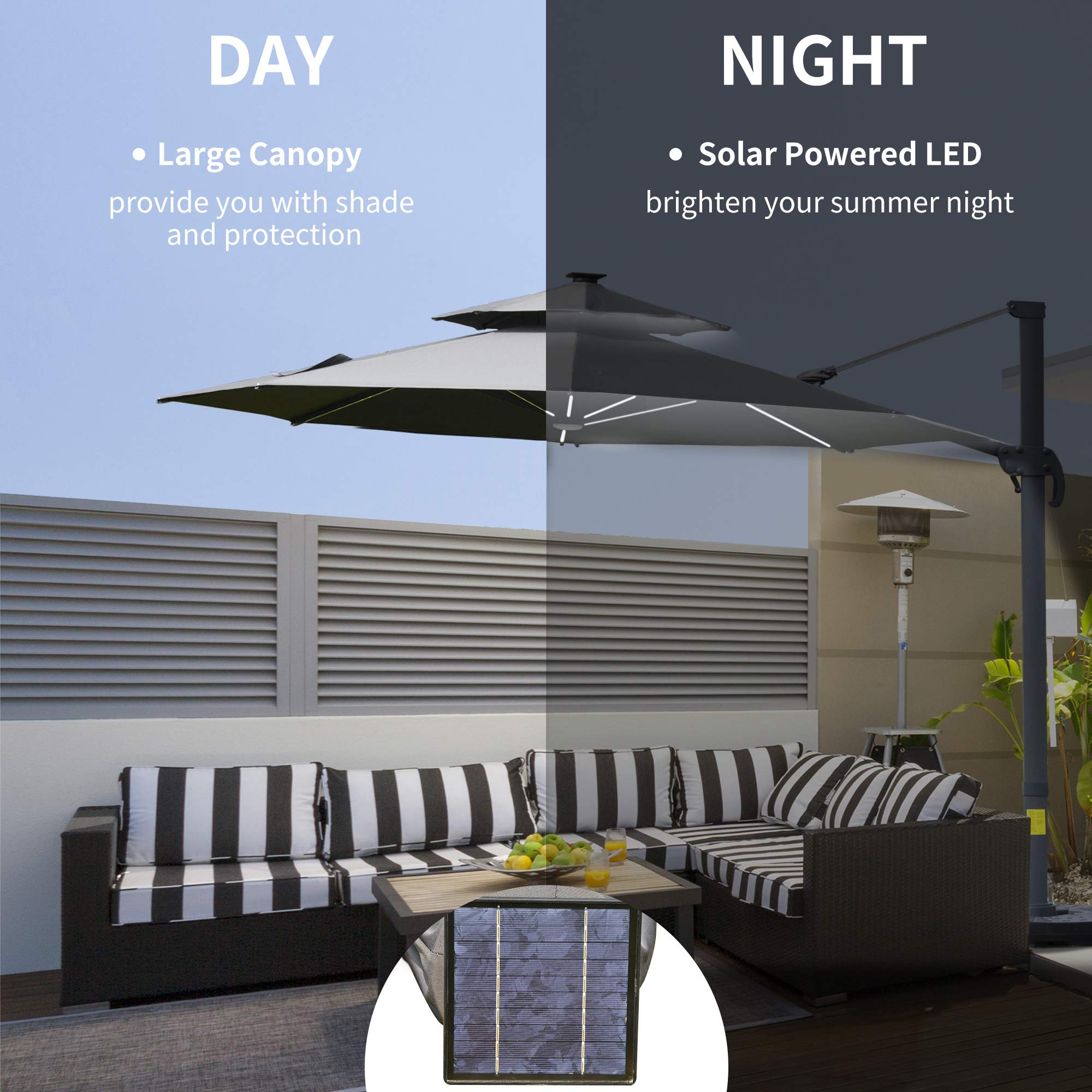 Outsunny 3(m) Cantilever Roma Parasol with LED Solar Lights, Crank & Tilt, Aluminium Frame, Cross Base and Adjustable Canopy 360° Rotating Sun Umbrella with 2-Tier Shade
