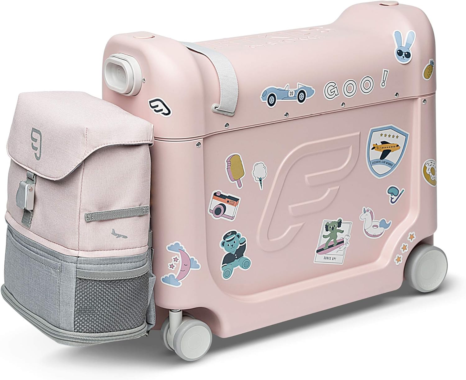 JetKids by Stokke Reise-Set – Enthält einen Kinderkoffer zum Draufsitzen mit Flugbett + Crew-Rucksack – Ideal für Kinder von 3 bis 7 Jahren