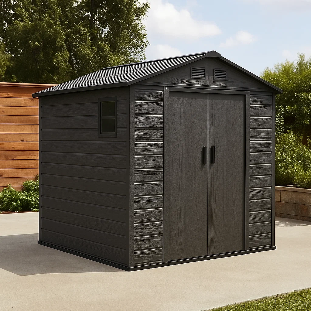 Abri de jardin rectangulaire en résine gris foncé, à toit en pente, fixation murale, 185 x 213 x 226 cm, pour usage extérieur - B7j2b4LmzWY8