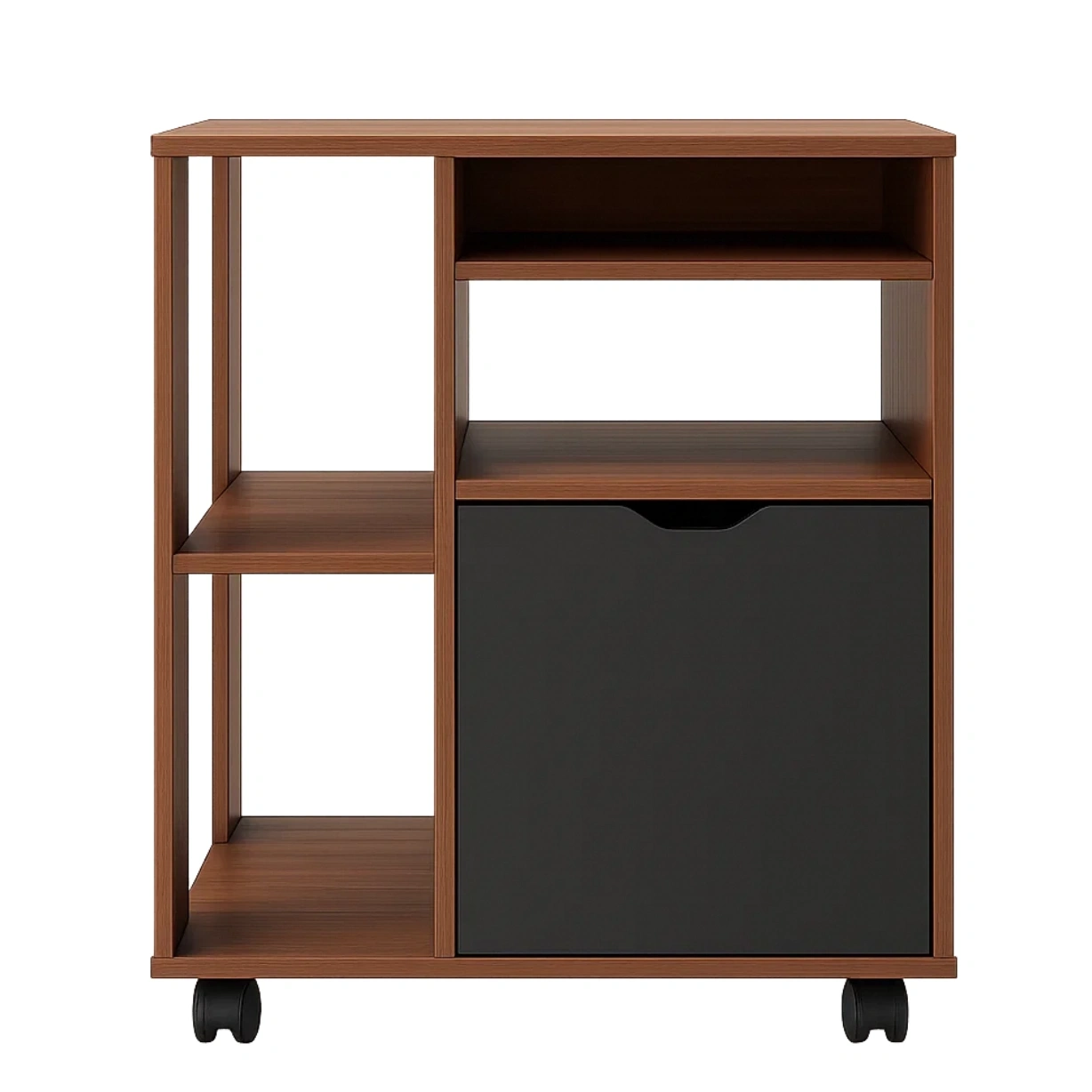 Îlot de cuisine ouvert avec placard et roulettes, en MDF, coloris noyer et noir, pose libre, 60 x 35 x 75 cm, usage domestique - ocLOhsmuDrLr