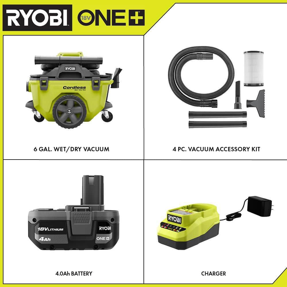 Ryobi ONE+ 18V 6-Gallonen-Akku-Nass-/Trockensauger-Set (Modelljahr 2025) mit 4,0-Ah-Akku, Ladegerät und Zubehör (P770KN)