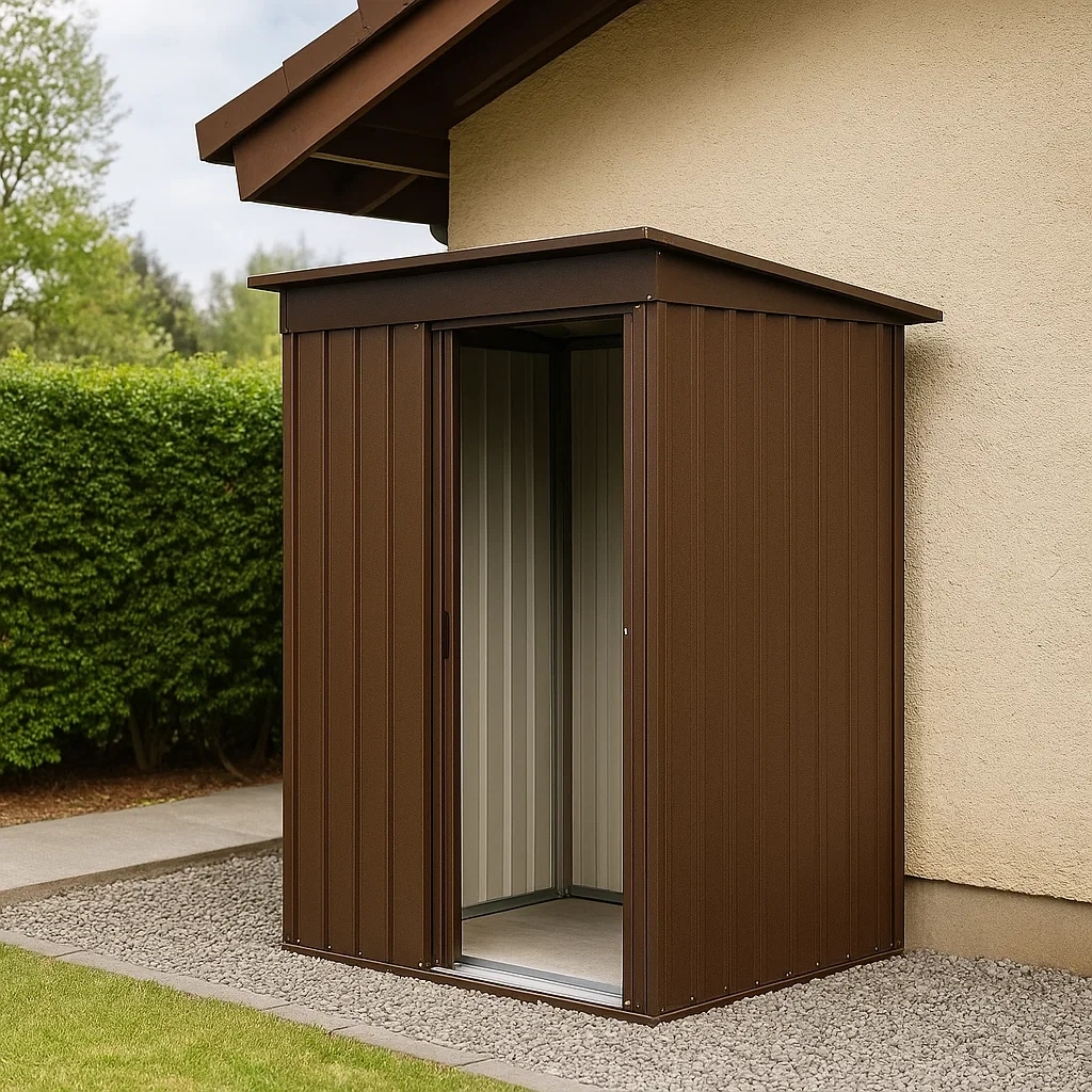 Abri de jardin rectangulaire en métal marron, à toit à une pente, fixation murale, 120 x 80 x 200 cm, pour rangement extérieur - T4VOumsLcKg4