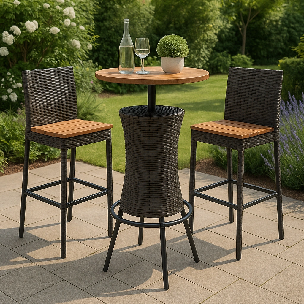 Ensemble table et tabourets de bar en rotin synthétique marron/noir pour terrasse de jardin