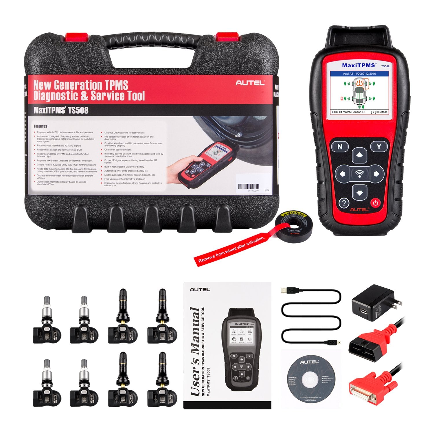 Autel MaxiTPMS TS508K TPMS Diagnose- und Servicegerät, austauschbare Ventile mit 4 x 315MHz MX-Sensoren und 4 x 433MHz MX-Sensoren