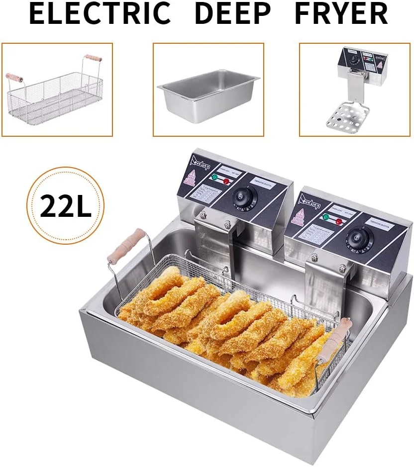 12-Liter-Fritteuse mit Filterkorb. Extra großes Format. Einstellbares Thermostat und Timer. Ideal für Brathähnchen, Garnelen, Pommes frites und vieles mehr. Herausnehmbarer Ölbehälter. Edelstahl.