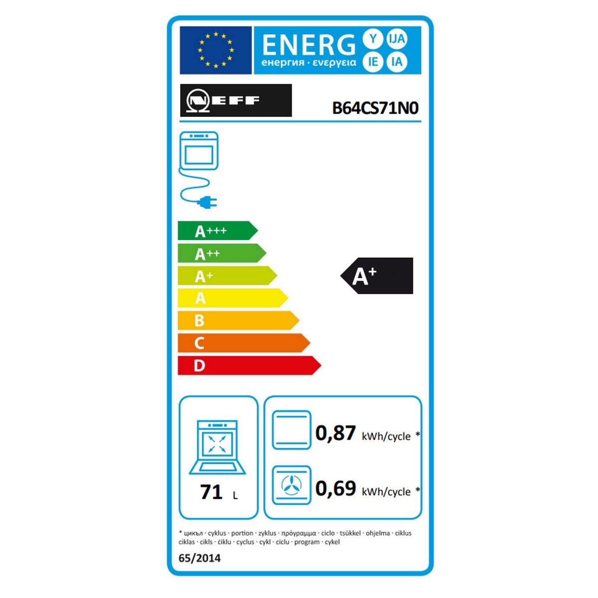 Neff Einbau-Multifunktionsbackofen 71 l 60 cm A+ Pyrolyse Schwarz - B64cs71n0