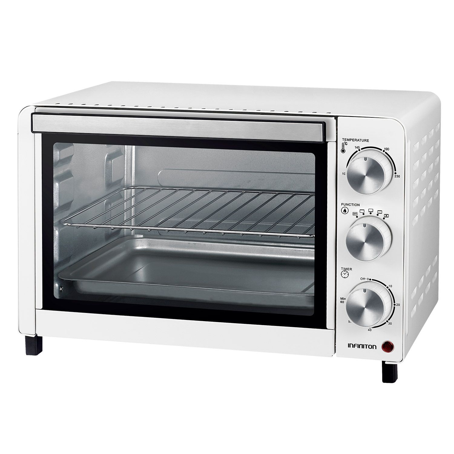 Infiniton HSM-A18B – Tischbackofen, Weiß, 18 l, 1200 W, Doppelverglasung, Temperaturregelung, 60-Minuten-Timer.