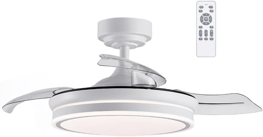 wonderlamp – Pearl Mini LED-Deckenventilator mit Licht, einziehbaren Flügeln, sehr leisem Gleichstrommotor, 3 einstellbaren Farbtemperaturen, 46 W, Weiß