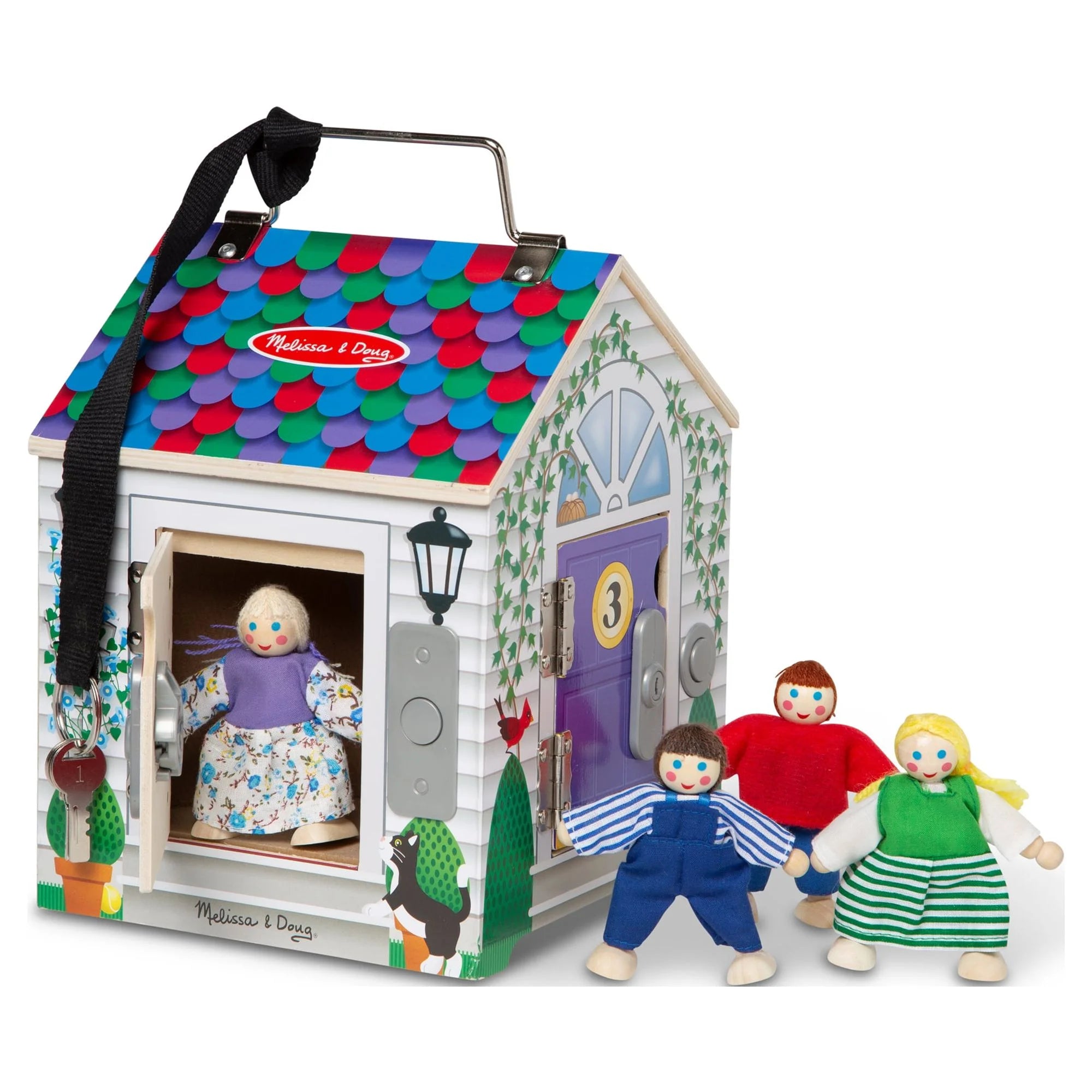 Melissa & Doug Holzpuppenhaus mit Türklingel – Türklingelgeräusche, Schlüssel, 4 bewegliche Holzpuppen