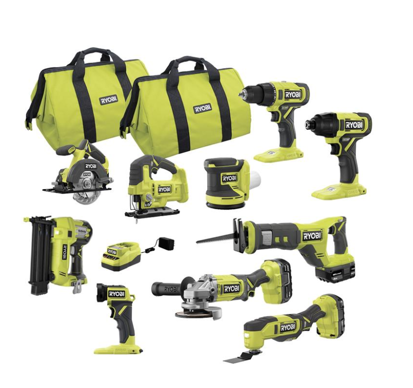 RYOBI ONE+ 18V Akku-Kombi-Set 2025 – 10 Werkzeuge mit 3 Akkus und Ladegerät (Modell PCK750KN)