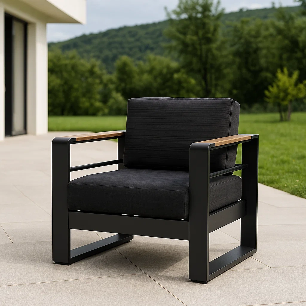 Chaise d'extérieur noire, structure en aluminium avec coussins, pour jardin ou terrasse, 81 x 68 x 62 cm