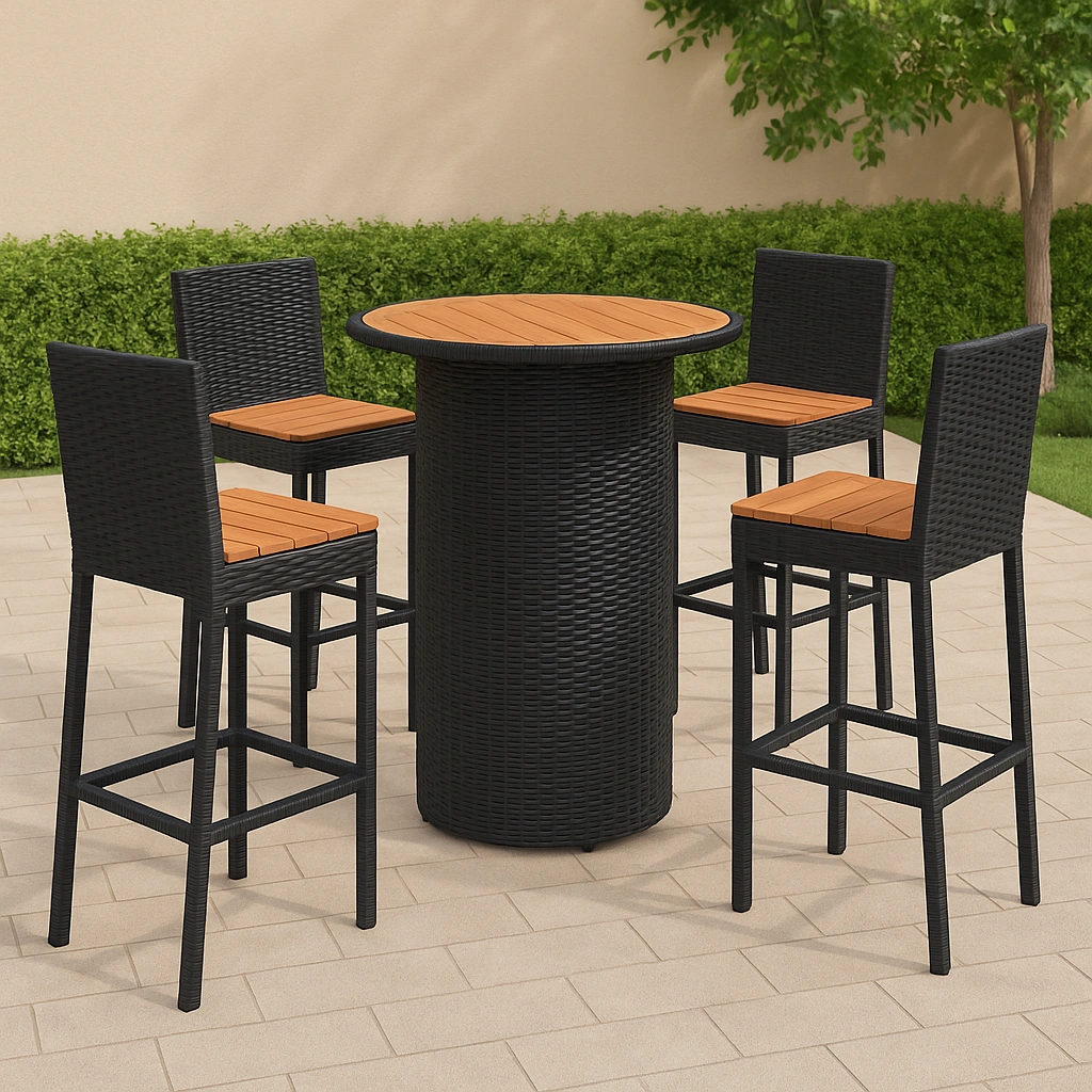 Ensemble bar avec table haute et tabourets, en bois de rotin synthétique noir, pour usage extérieur