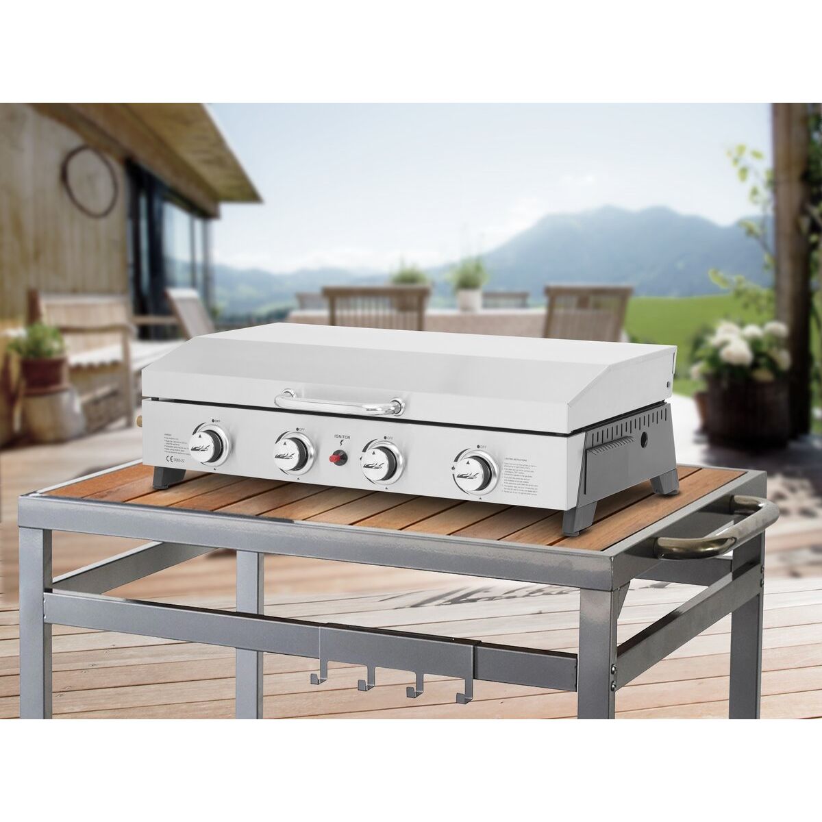 Gasgrillplatte mit 4 Brennern und Deckel „fasto“ – 10 kW – Grau
