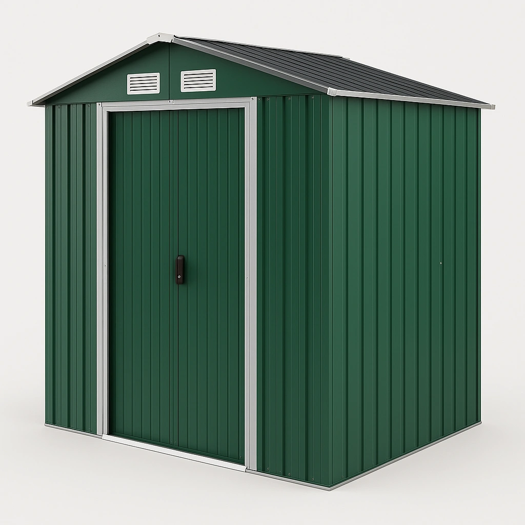 Abri de jardin extérieur en métal vert pour le rangement, 210 x 150 x 225 cm
