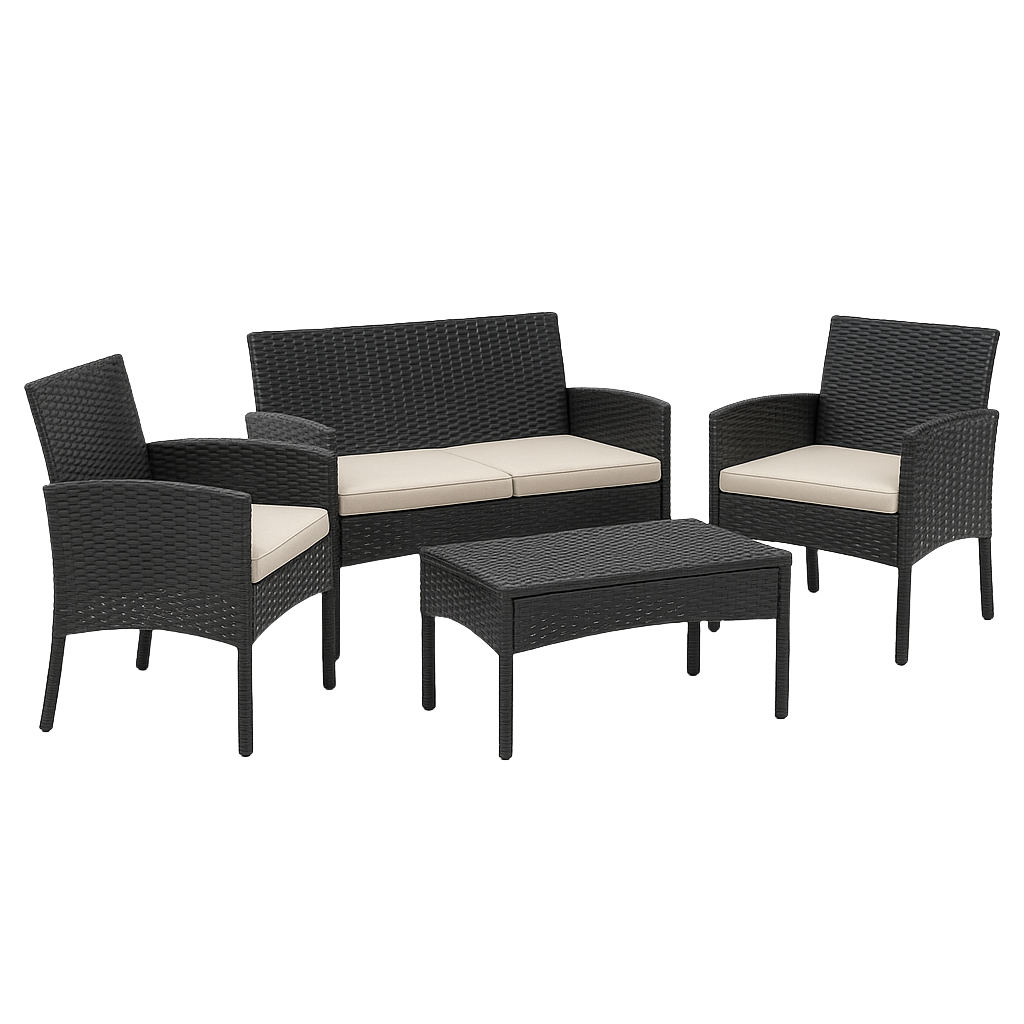 Ensemble de jardin extérieur en rotin noir pour terrasse et jardin, 4 places