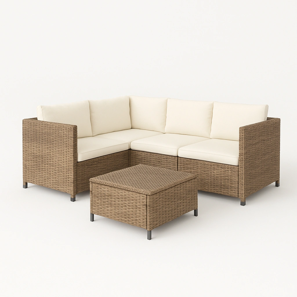 Ensemble de mobilier de jardin avec canapé d'angle, beige et marron, rotin et tissu, extérieur