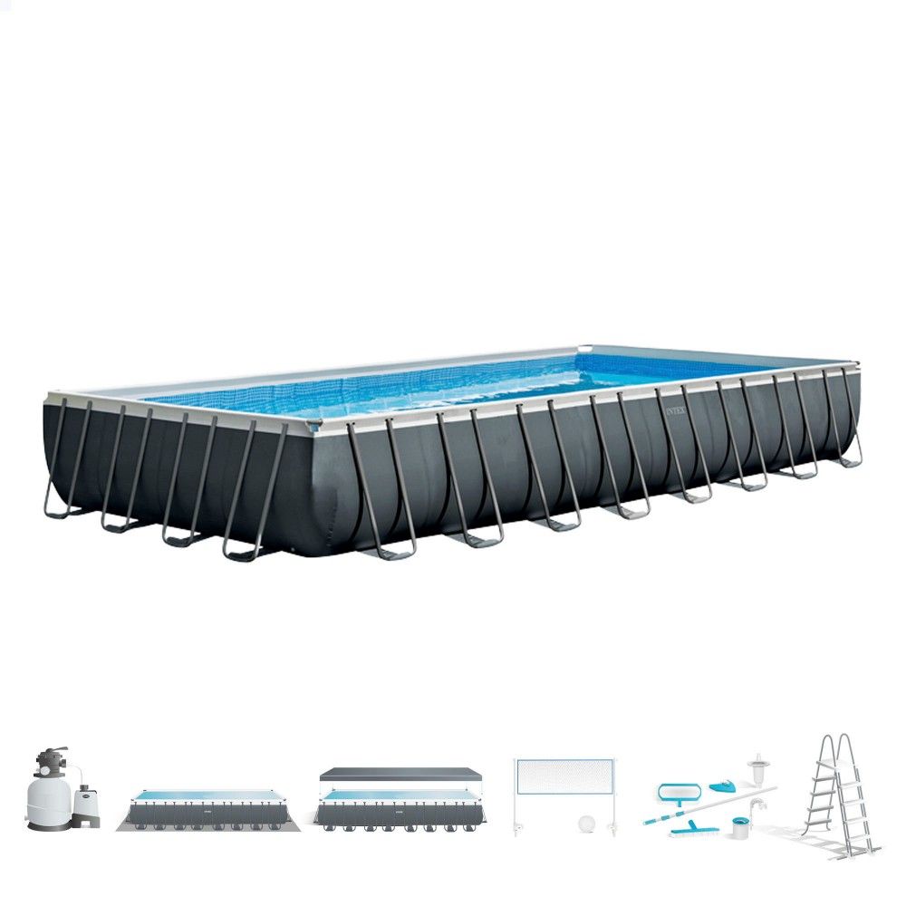 Intex Rechteckiger, röhrenförmiger PVC-Aufstellpool 975x488x132 cm Dunkelgrau mit Filterpumpe